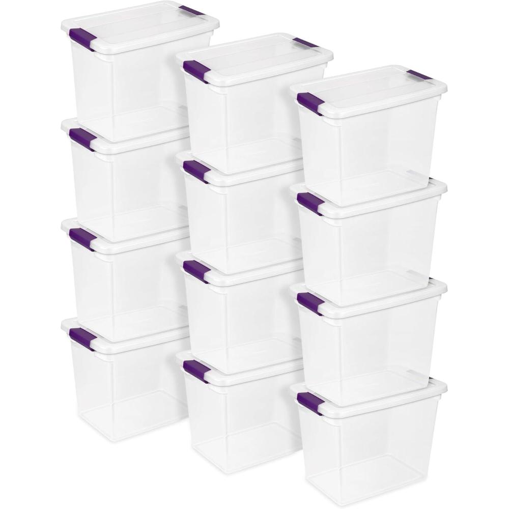 STERILITE 15 Qt ClearView Latch Storage Box, Stackable Bin with Latching Lid, Plastic Container to Organize Shoes in Closet, Clear Base, Lid (Pack of 12)(27 Quart)