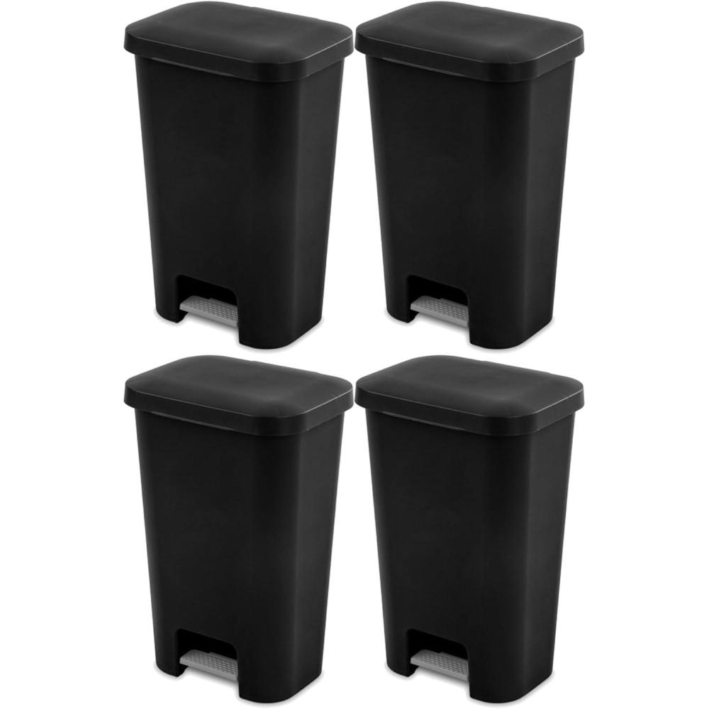 Sterilite 11.9 Gallon StepOn Wastebasket with Lid, Ideal in the Kitchen and Mudroom, Fits a Large 13 Gal Trash Liner, Pedal, White Lid and Bin, 4-Pack(Black)