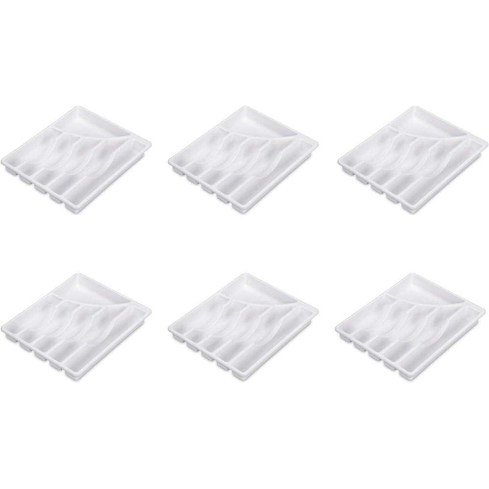 Sterilite 6 Compartment Cutlery Tray, Plastic Organizer for Silverware and Utensils, Kitchen Drawer Organizer, White, 6-Pack