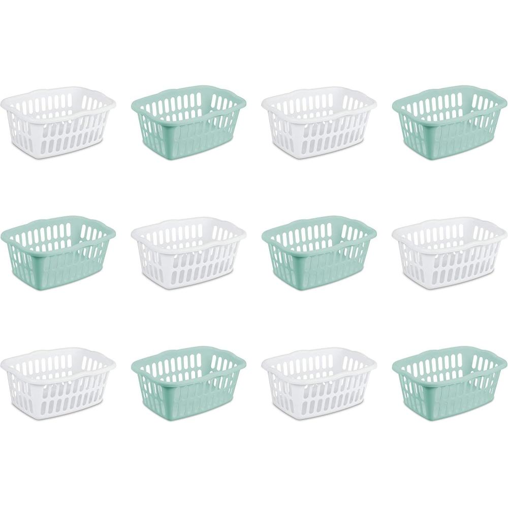 Sterilite 12-Pack Rectangular Laundry Basket, Plastic Clothes Hamper, 1.5 Bushel, White – Dirty Clothing Storage Organizer with Handles for Bedroom, Bathroom, and Closet(White & Aqua)