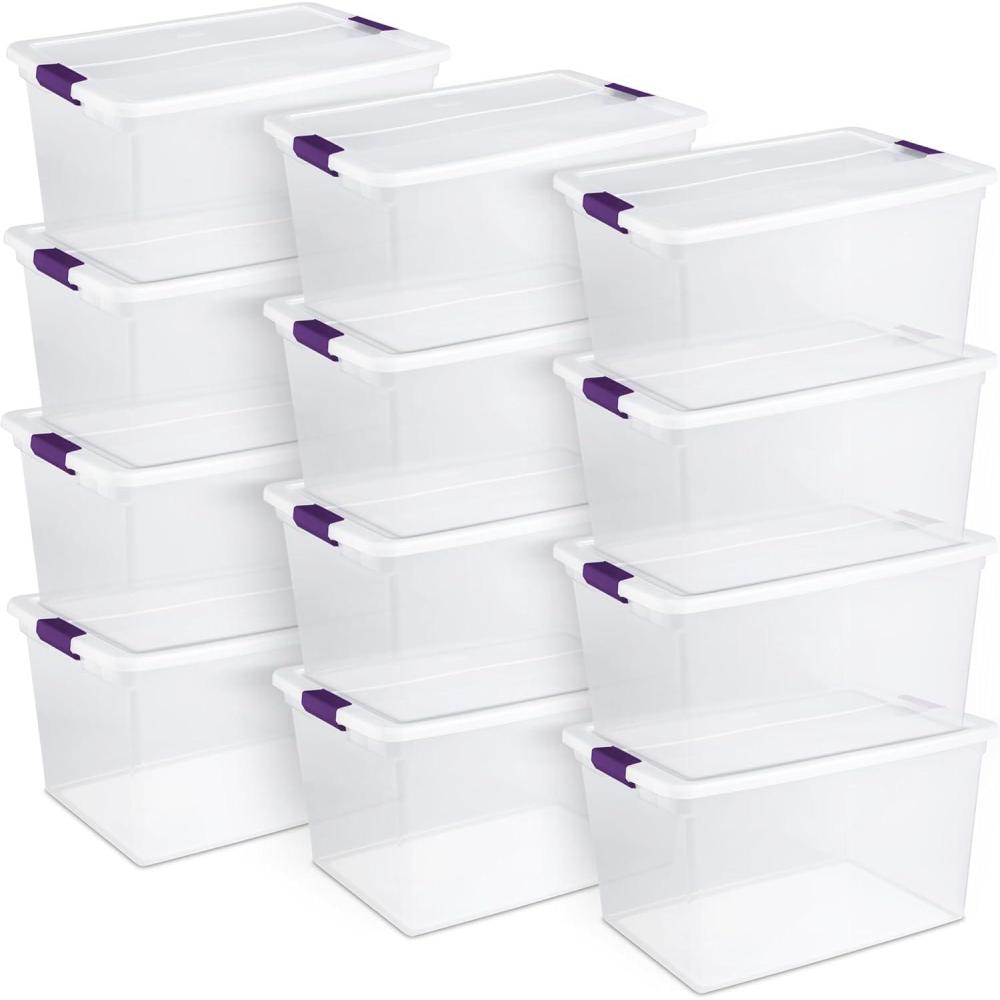 STERILITE 15 Qt ClearView Latch Storage Box, Stackable Bin with Latching Lid, Plastic Container to Organize Shoes in Closet, Clear Base, Lid (Pack of 12)(66 Quart)