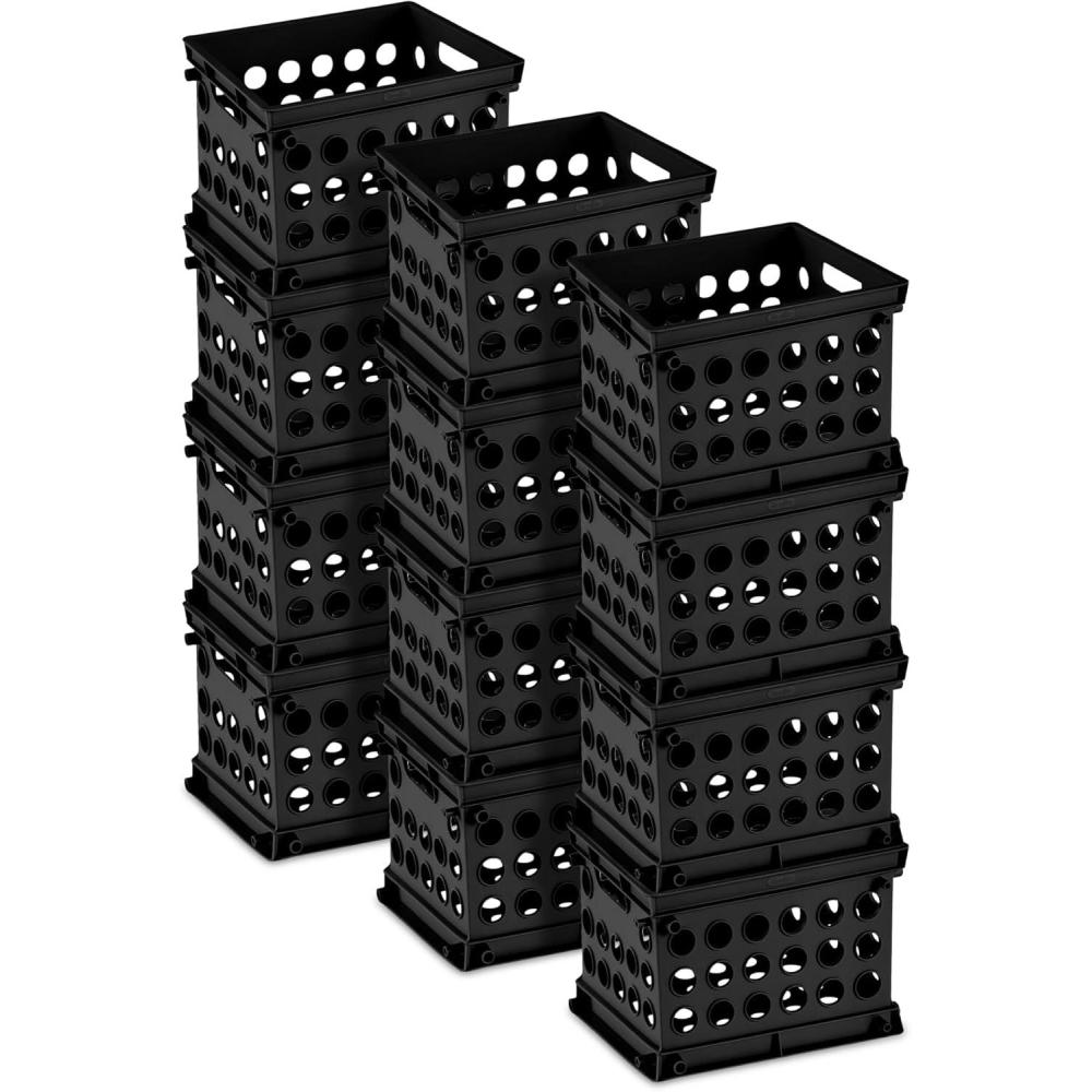 Sterilite Mini Crate, Stackable Plastic Storage Bin with Handles, Organize Home, Garage, Office, School, Dorm Room, Clear, 12-Pack(Black)