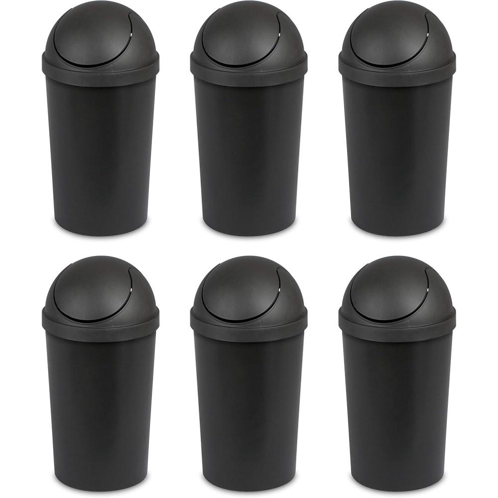 Sterilite 3 Gallon Round SwingTop Wastebasket with Lid, Small Plastic Trash Can for the Bathroom, Bedroom, Dorm or Home Office, Black, 6-Pack
