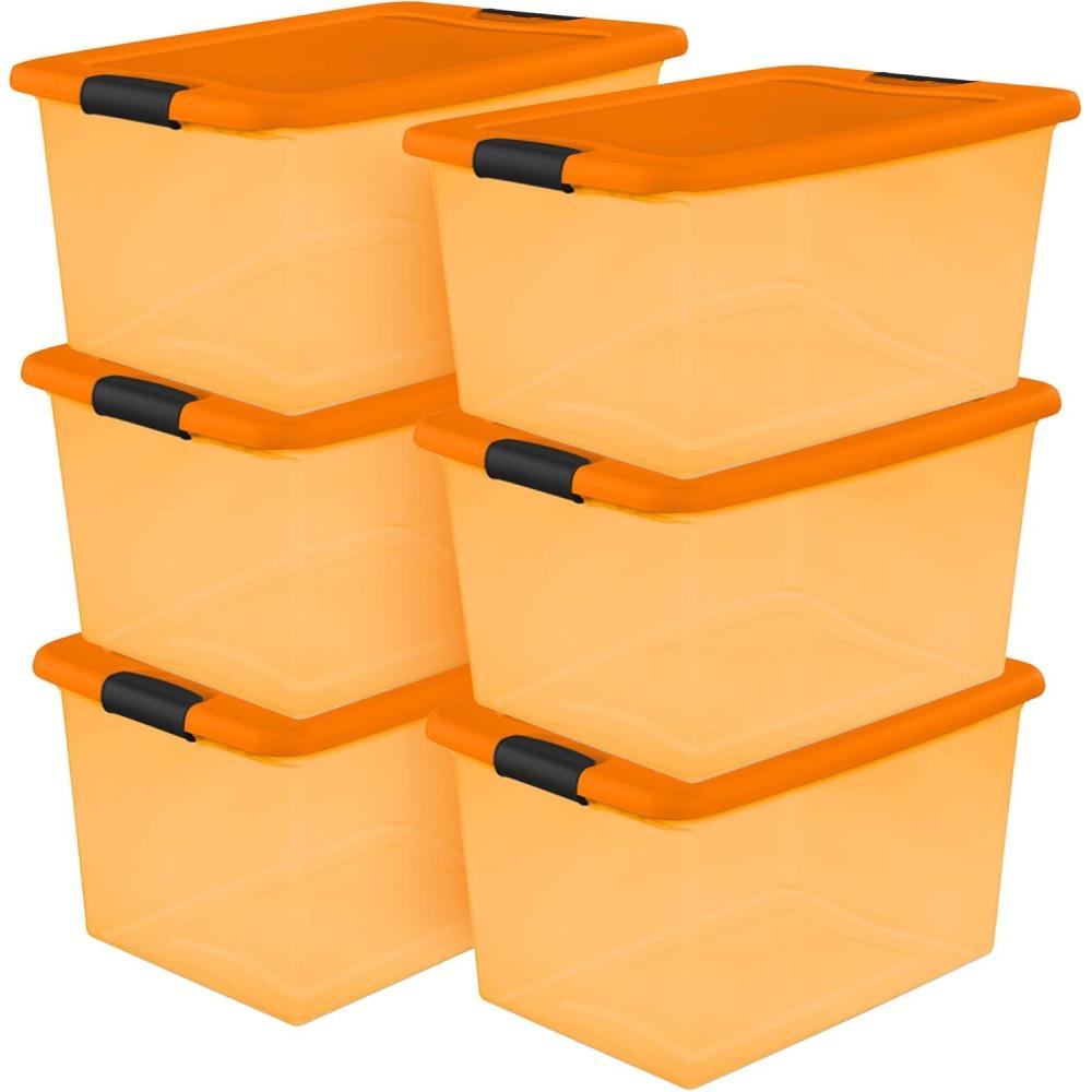 Sterilite 64 Qt Latching Storage Box, Stackable Bin with Latch Lid, Plastic Container to Organize Halloween Decor, Orange Tint with Orange Lid, 6-Pack(Orange)