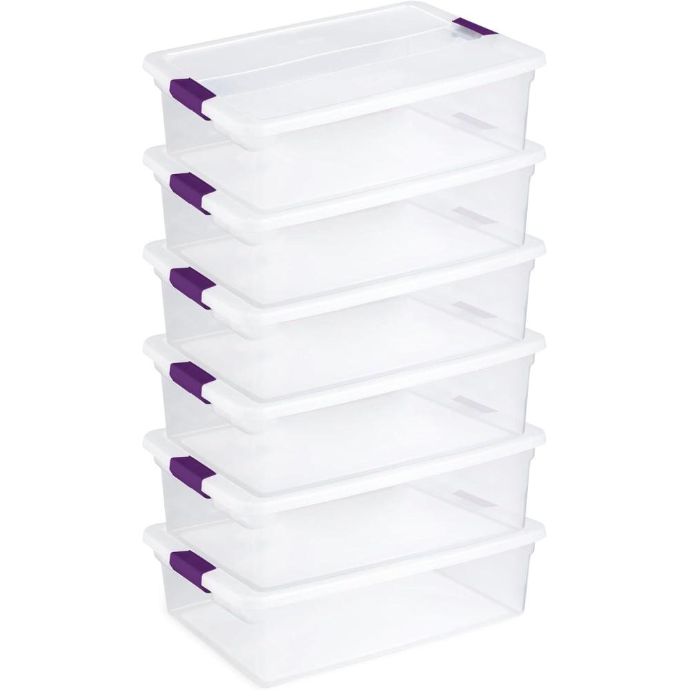 STERILITE 15 Qt ClearView Latch Storage Box, Stackable Bin with Latching Lid, Plastic Container to Organize Shoes in Closet, Clear Base, Lid (Pack of 12)(32 Quart)