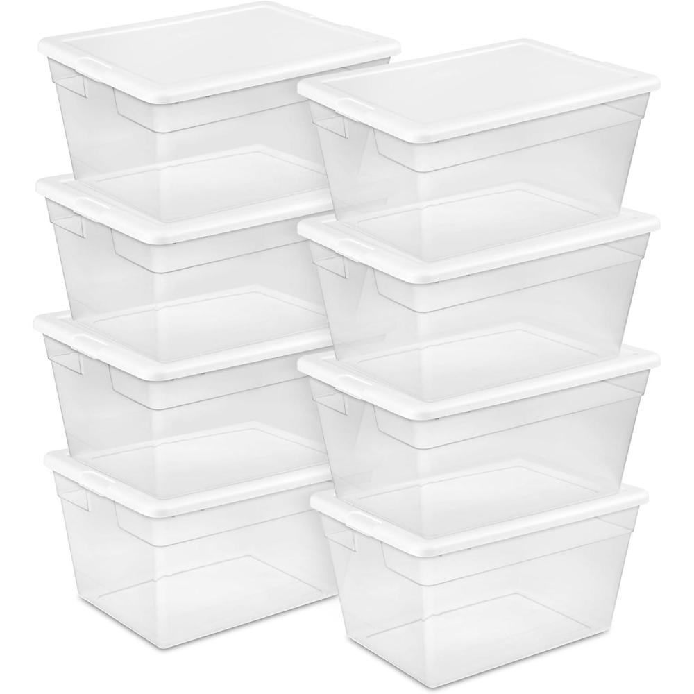 Sterilite 8-Pack 56 Quart Storage Box, Stackable Clear Plastic Bins with Snap-On Lids – Heavy-Duty Organizing Containers for Closet, Bathroom, and Office(8)