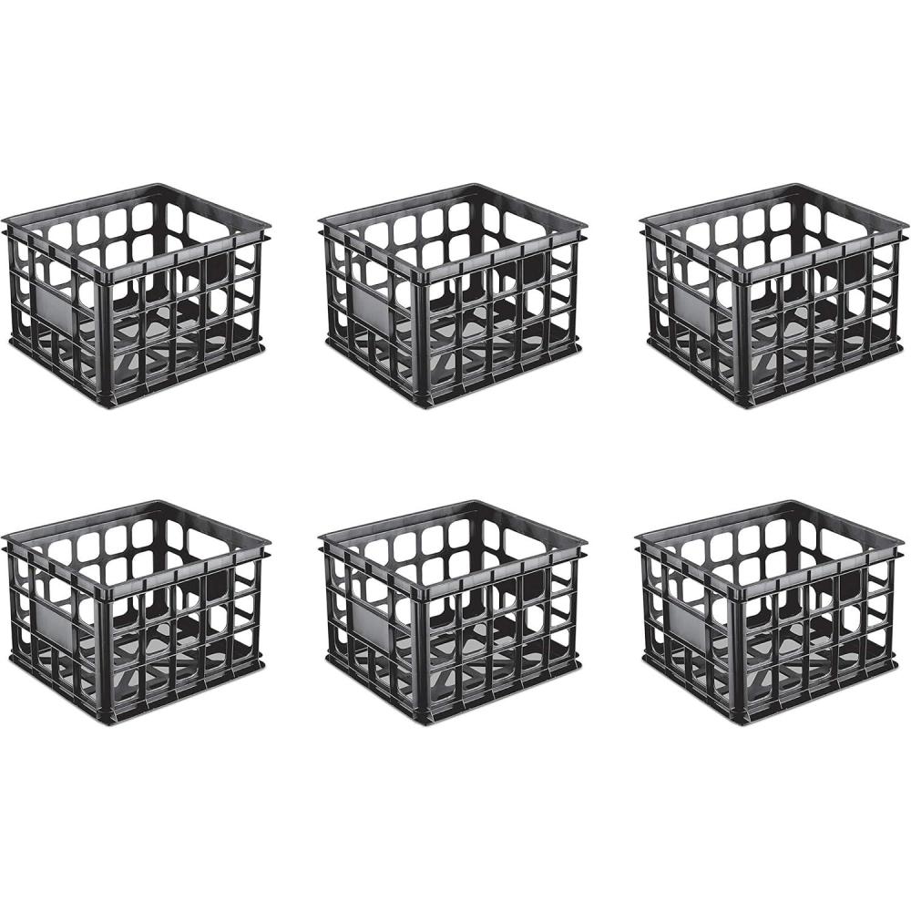 Sterilite Storage Crate, Stackable Plastic Bin Open Basket with Handles, Organize Home, Garage, Office, School, White, 6-Pack(Black)