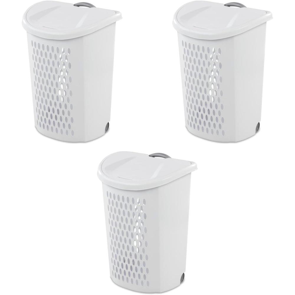 Sterilite Ultra Wheeled Laundry Hamper with Lid, 2 Bushel, Plastic Large Hamper w/ Handle and Wheels to Easily Transport Clothes, White, 3-Pack(White)