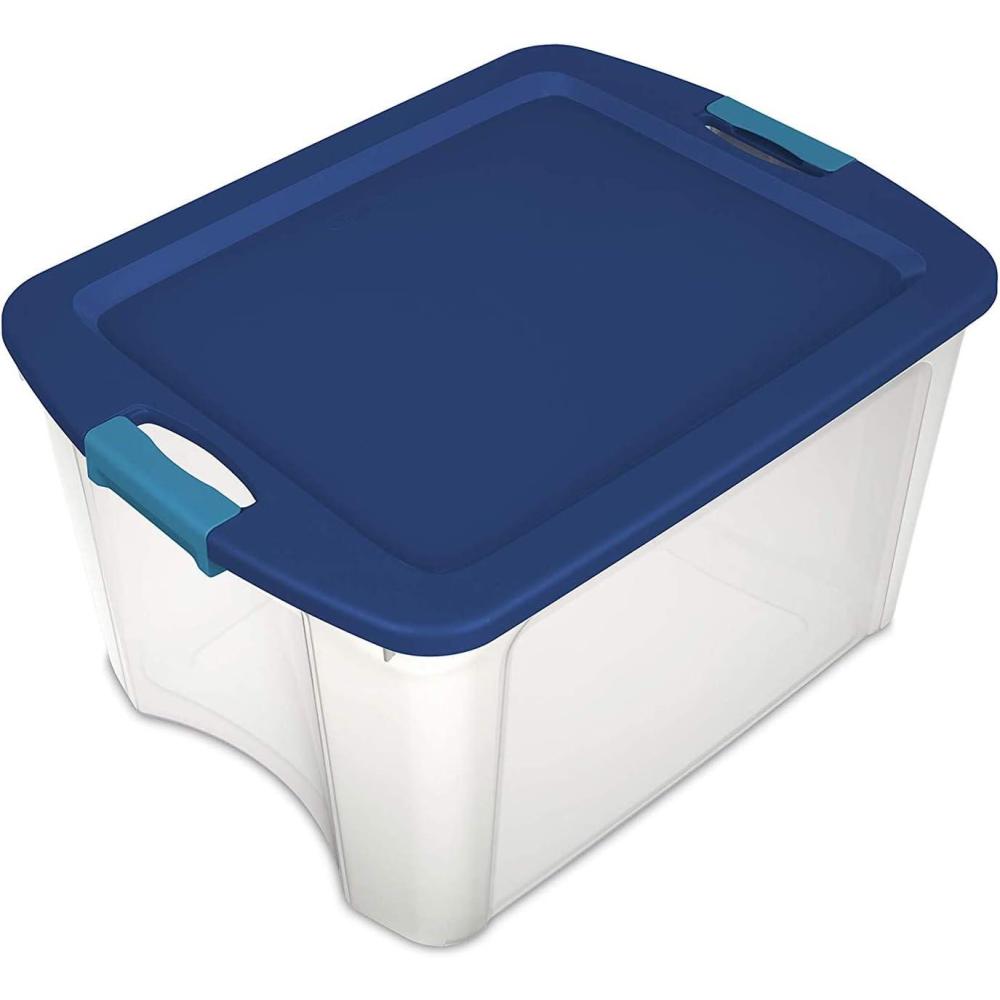 Sterilite 18 Gal Latch and Carry, Stackable Storage Bin with Latching Lid, Plastic Container to Organize Closets, Clear with Blue Lid, 6-Pack
