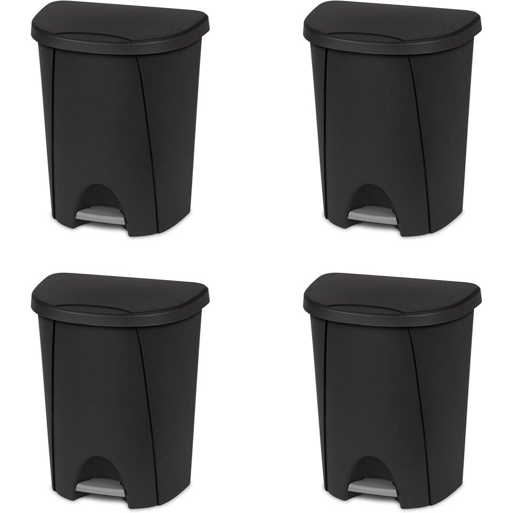 Sterilite 6.6 Gallon StepOn Wastebasket with Lid, Medium Sized Plastic Trash Can for the Kitchen, Bathroom, or Mudroom, Pedal, Black, 4-Pack
