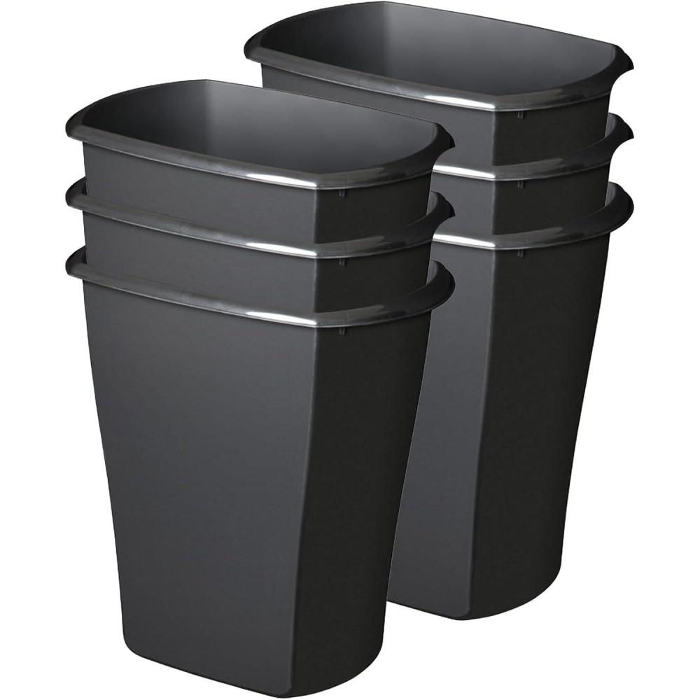 Sterilite 5.5 Gallon Rectangular Wastebasket, Open-top, Medium Sized Trash Can for the Bathroom, Bedroom, or Office, Black, 6-Pack