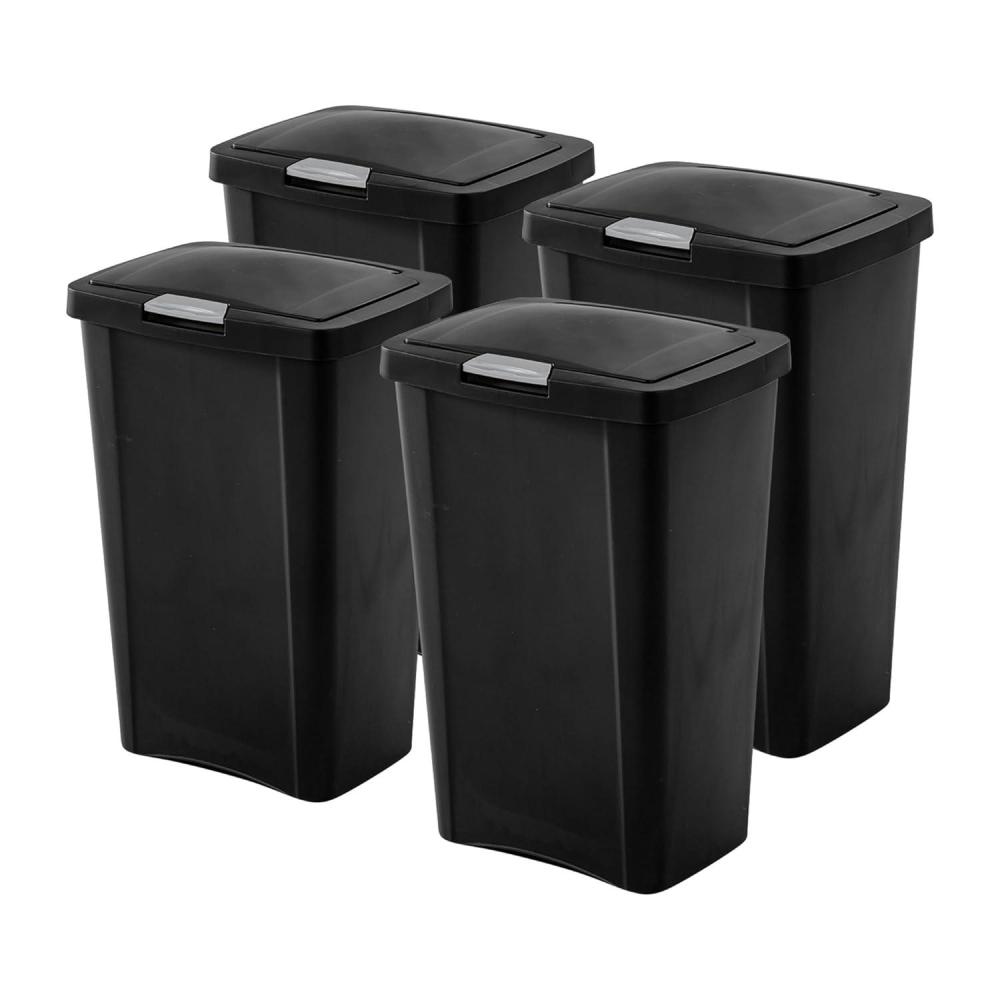 Sterilite 13 Gallon TouchTop Wastebasket w/ Lid, Opens with Touch, Trash Can for the Kitchen or Mudroom, Matte, Black, 4-Pack(Black)