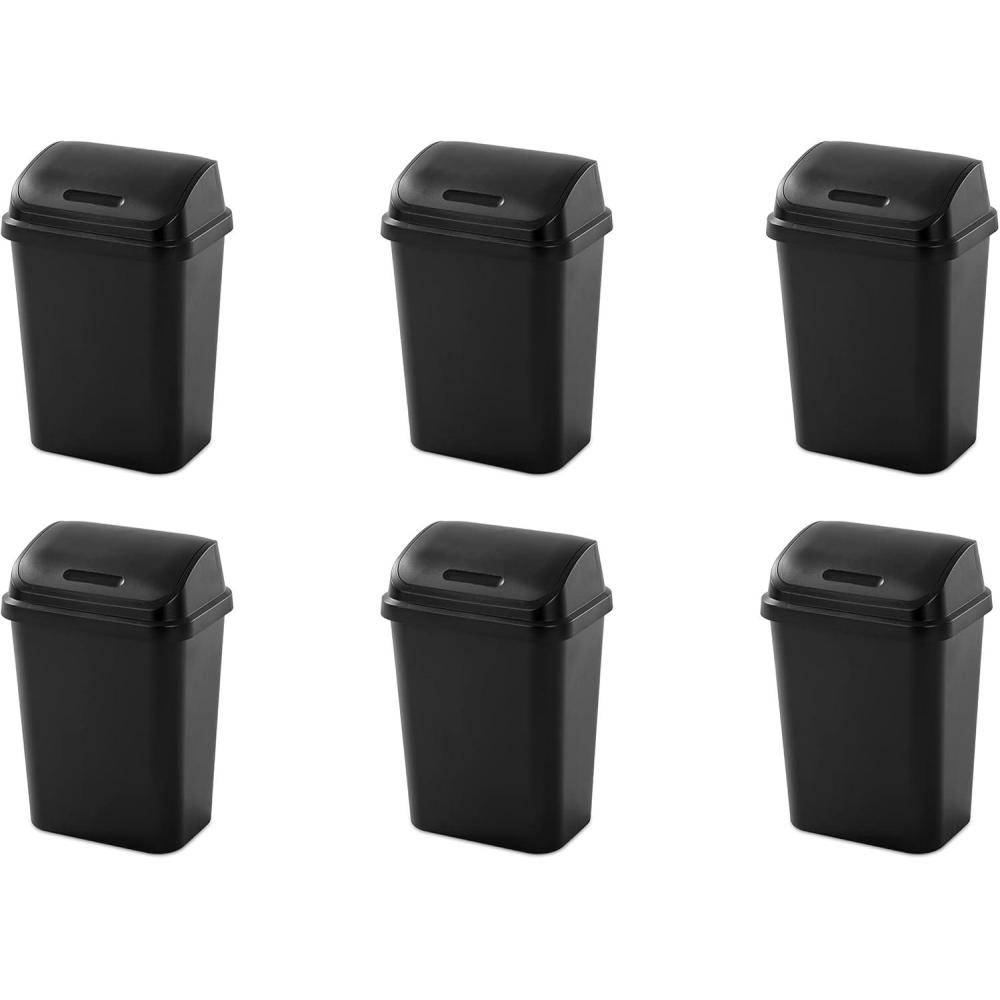 Sterilite 7.8 Gallon SwingTop Wastebasket with Lid, Medium Sized Plastic Trash Can for the Kitchen with Swinging Lid, Black, 6-Pack