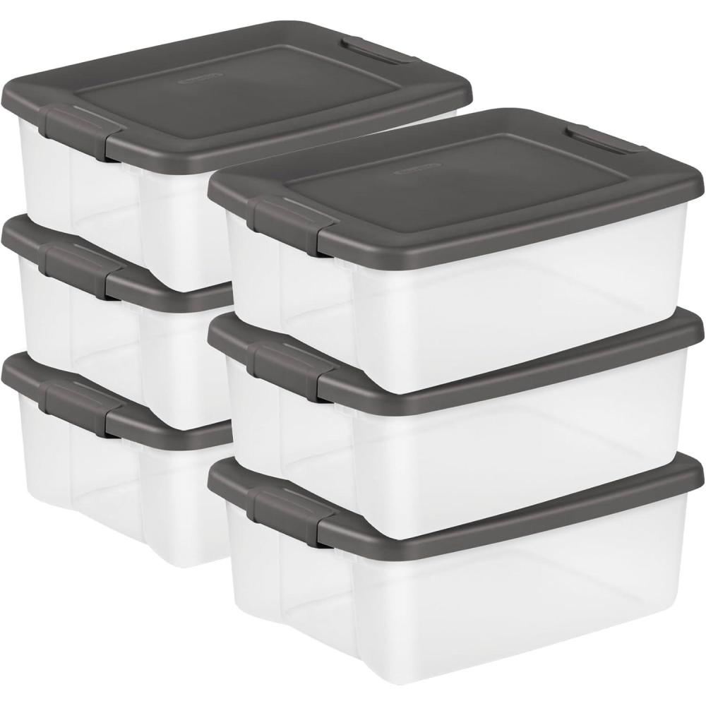 Sterilite 6-Pack ShelfTote, Clear Plastic Storage Bins with Lids, 25 Quart, Gray – Stackable Organizing Container Boxes for Closet, Bathroom, and Office
