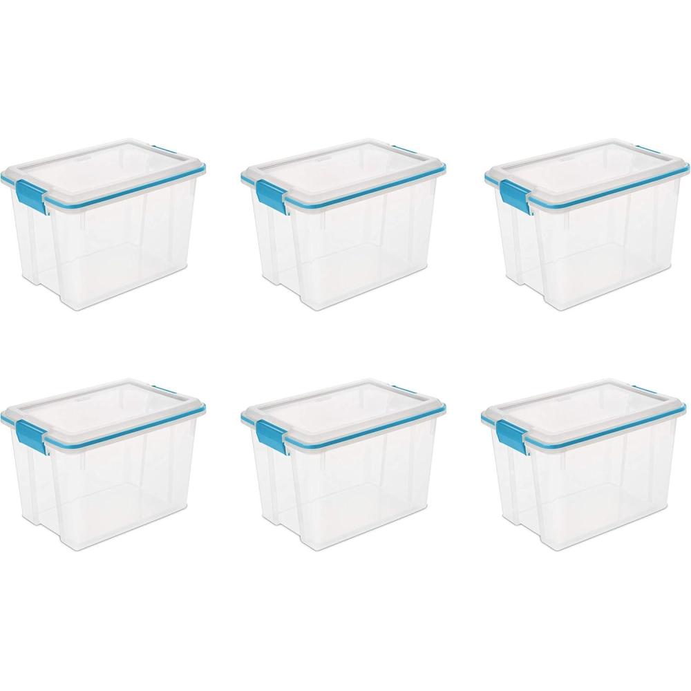 Sterilite 20 Qt Gasket Box, Stackable Storage Bin with Latching Lid and Tight Seal, Plastic Container to Organize Basement, Clear Base and Lid, 6-Pack