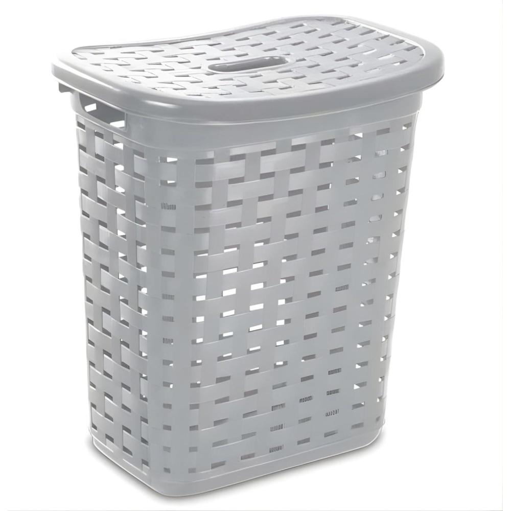 Sterilite Plastic Weave Laundry Hamper with Lid, Decorative Pattern with Handles to Carry Clothes Between the Laundry Room and Bedroom, Gray, 4-Pack