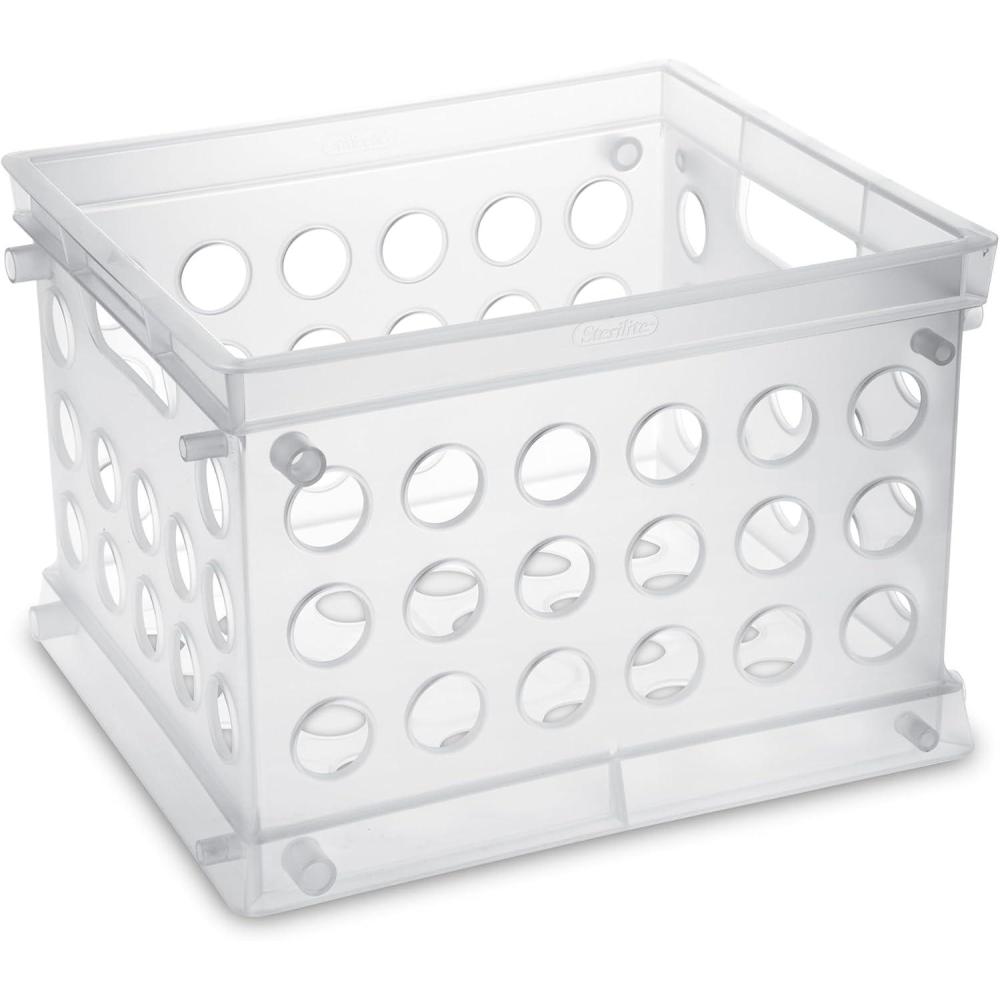 Sterilite Mini Crate, Stackable Plastic Storage Bin with Handles, Organize Home, Garage, Office, School, Dorm Room, Clear, 12-Pack(Clear)