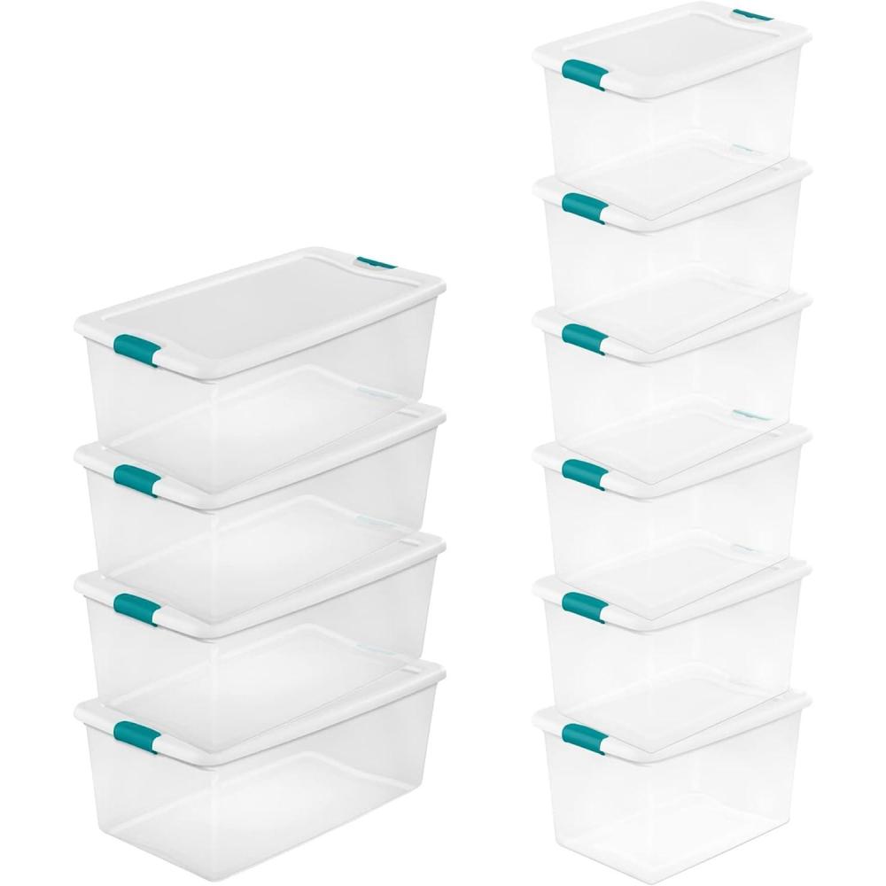 Sterilite 4 and 6 Pack Latching Storage Bins, Plastic Organizing Lidded Totes, 106 Qt and 64 Qt