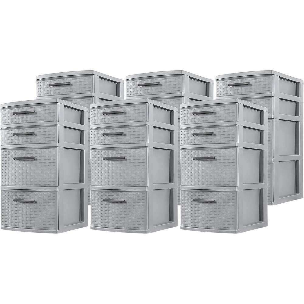 Sterilite 26226A02 Plastic 4 Drawer Organizer Storage Tower with Medium Weave Drawer Fronts and Easy-Pull Handles, Gray (6 Pack)