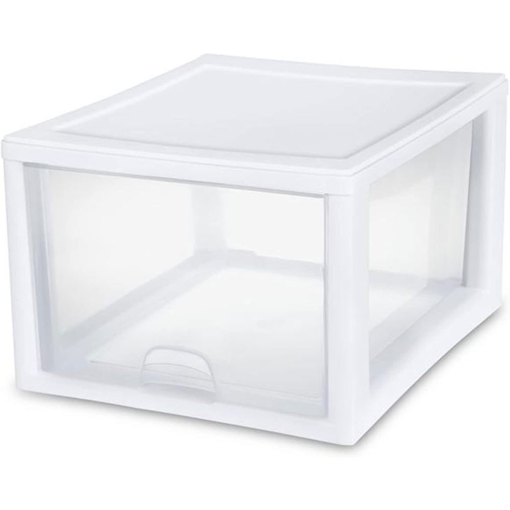 Sterilite 27 Quart White Frame Clear Plastic Stackable Storage Container Bin w/Single Drawer for Craft, Pantry, Sink, & Desktop Organization, 32 Pack(32)