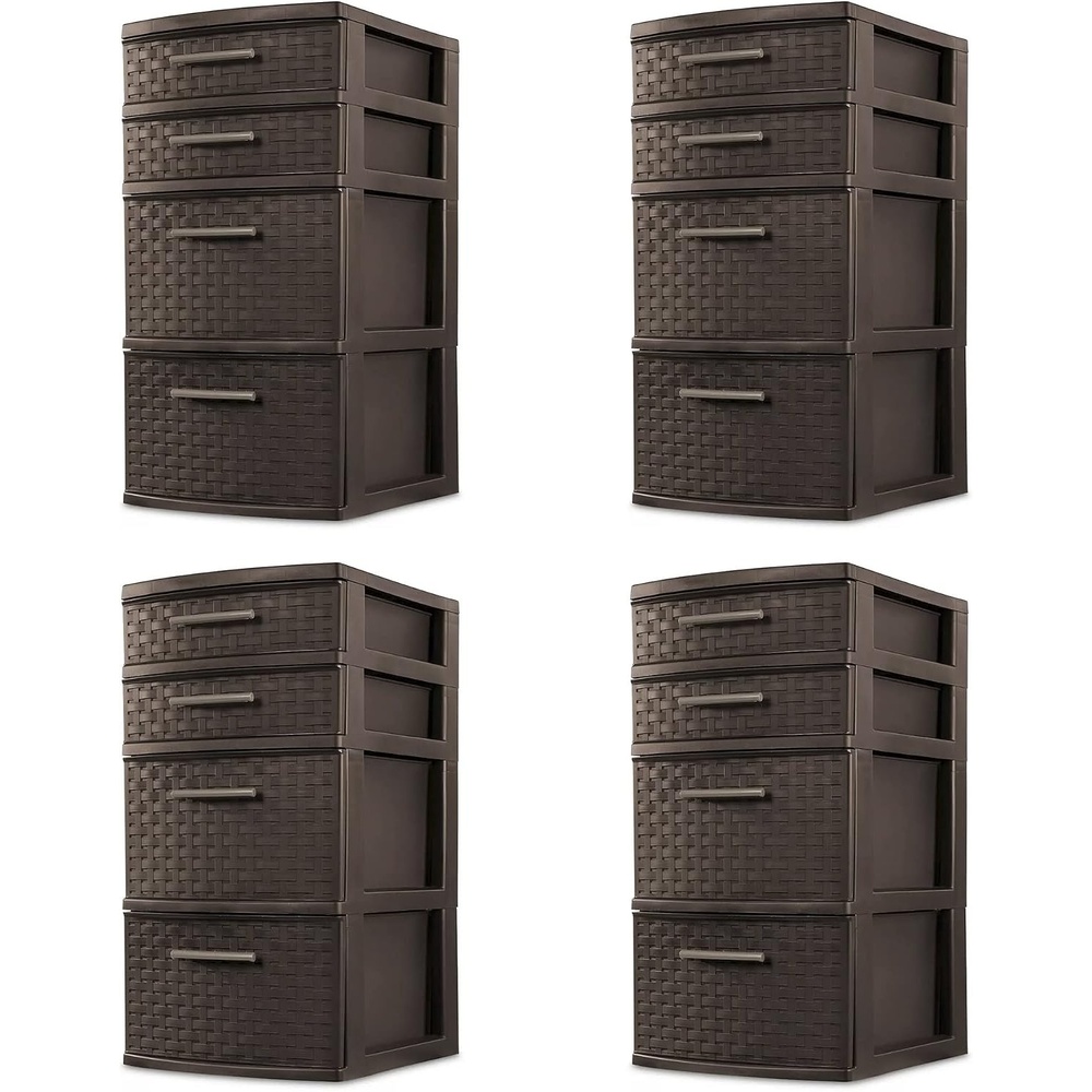 Sterilite 26226P02 4 Drawer Organizer Storage Tower with Medium Weave Drawer Fronts and Easy-Pull Handles, Espresso Brown (4 Pack)