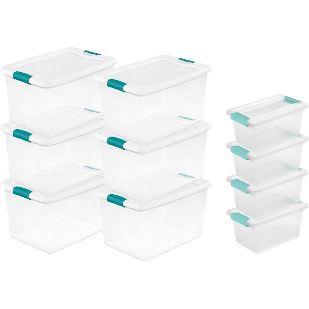 Sterilite 64 Quart Latching Clear Plastic Storage Organizer Tote Container Bin Box, 6 Pack and Medium Clip Boxes with Lids, 4 Pack