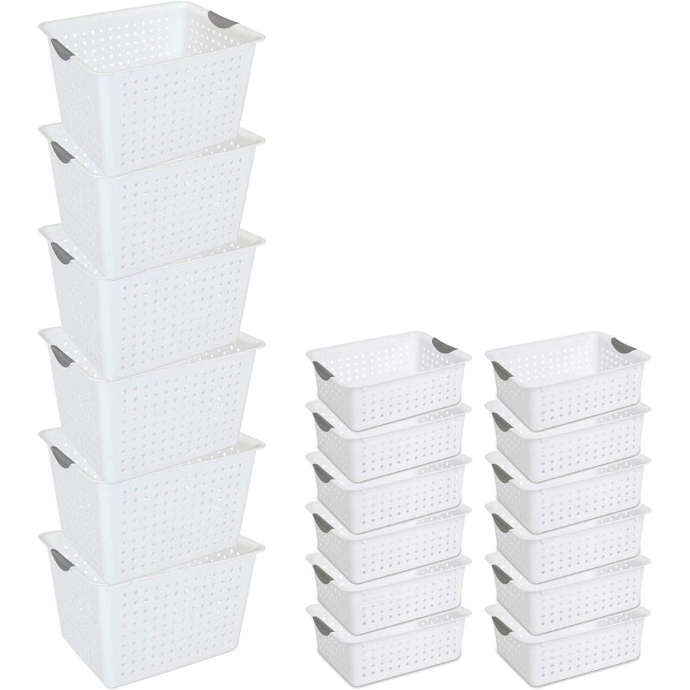 Sterilite Ultra Storage Basket with Handles for At Home or Organization, in Size Deep (6 Pack) and Medium (12 Pack), White