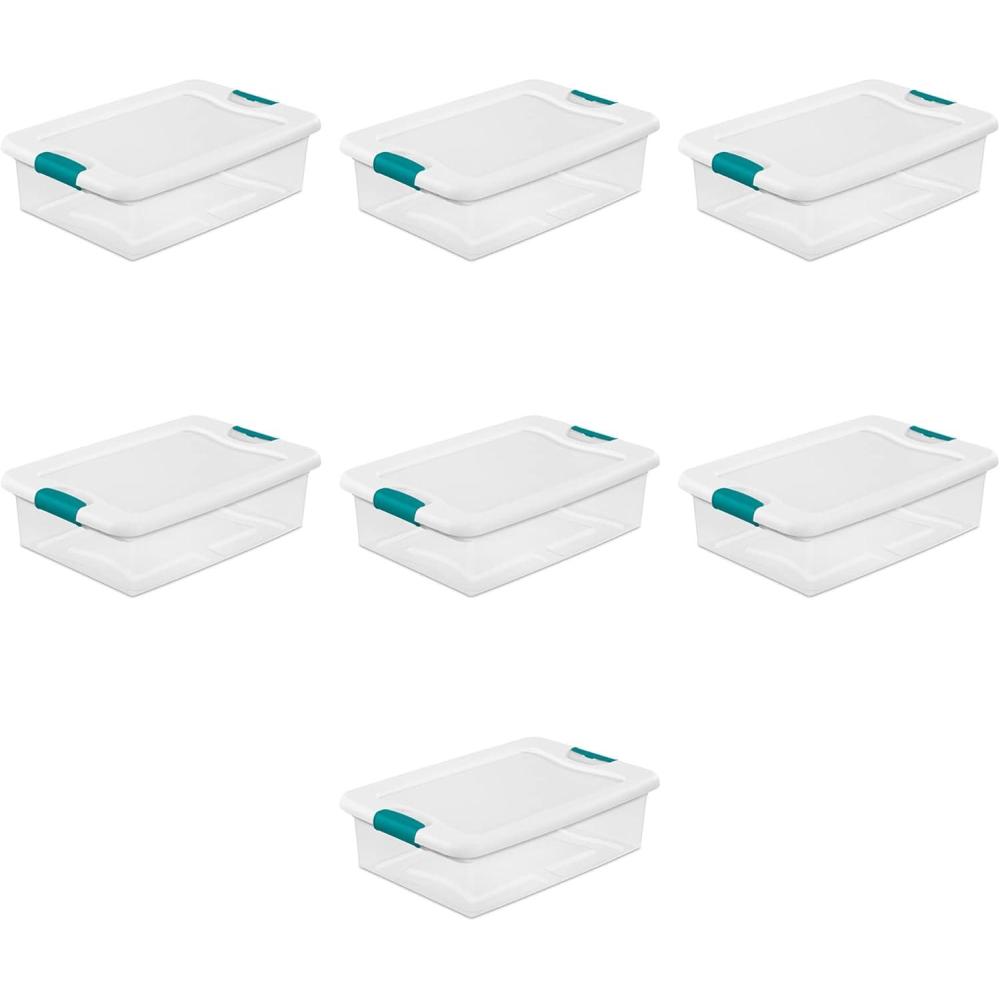 Sterilite Storage System Solution with 32 Quart Clear Stackable Storage Box Organization Containers with White Latching Lid, 7 Pack