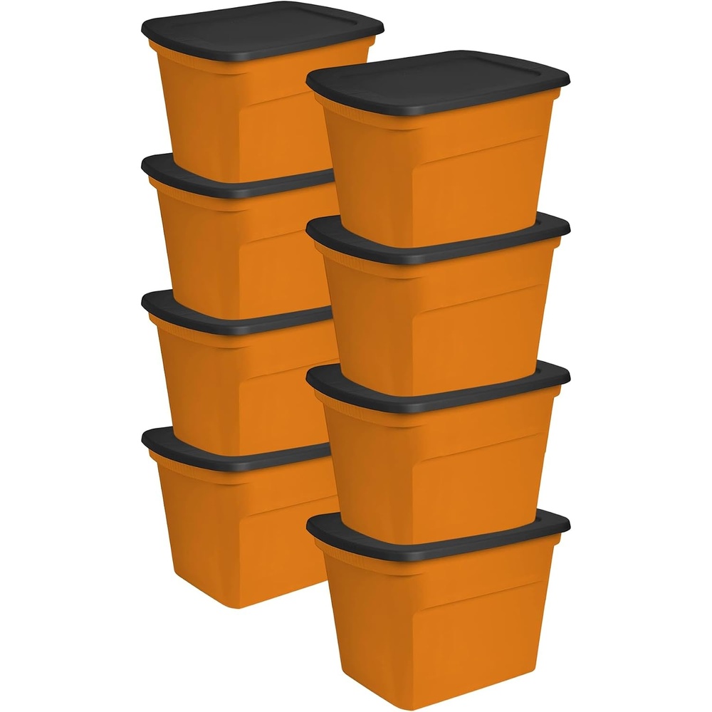 Sterilite 18 Gal Storage Tote, Stackable Bin with Lid, Plastic Container to Organize Halloween Decorations in Closet, Orange Base and Lid, 24-Pack