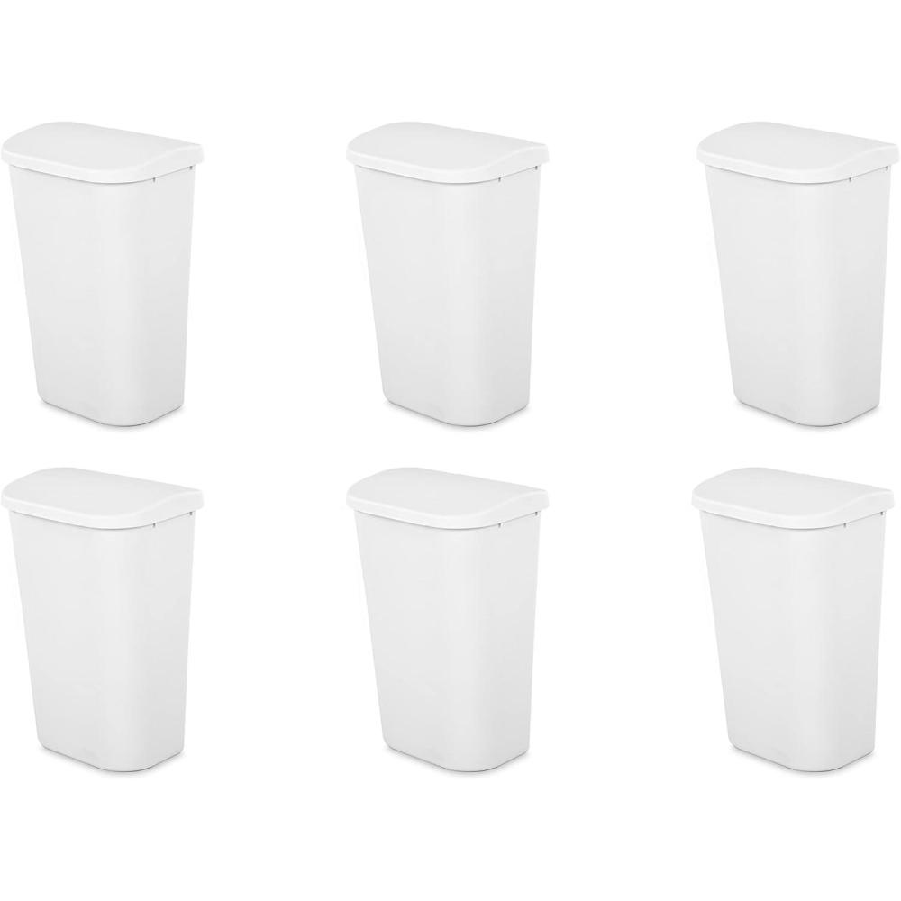 Sterilite 11.3 Gallon Lift Top Wastebasket with Lid, Large Trash Can for the Kitchen or Bathroom, Plastic, White, 6-Pack