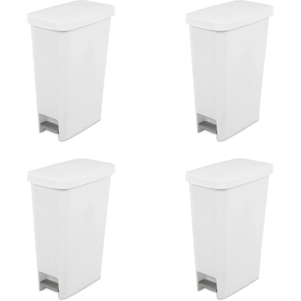 Sterilite 11 Gallon Slim StepOn Wastebasket with Lid, Hands-Free, Space-Saving Trash Can for the Kitchen or Bathroom, White, 4-Pack