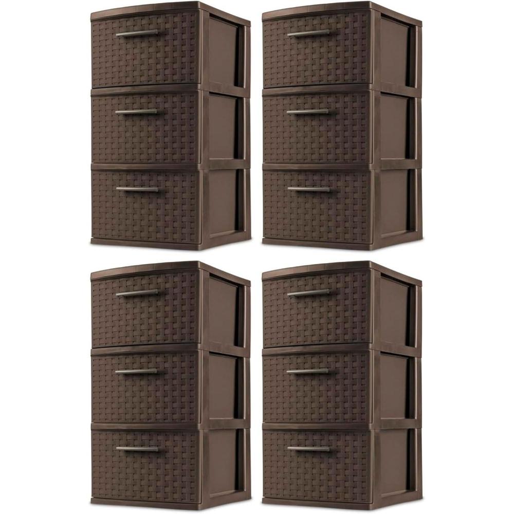 Sterilite 3 Drawer Storage Tower, Plastic Decorative Weave Organizer Drawers for Dorm, Closet, Bedroom, or Craft Room Organization, 4 Pack, Espresso