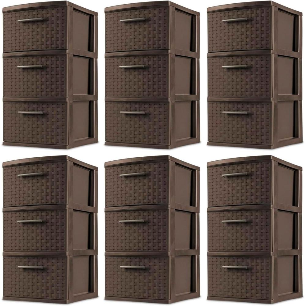 Sterilite 3 Drawer Storage Tower, Plastic Decorative Weave Organizer Drawers for Dorm, Closet, Bedroom, or Craft Room Organization, 6 Pack, Espresso