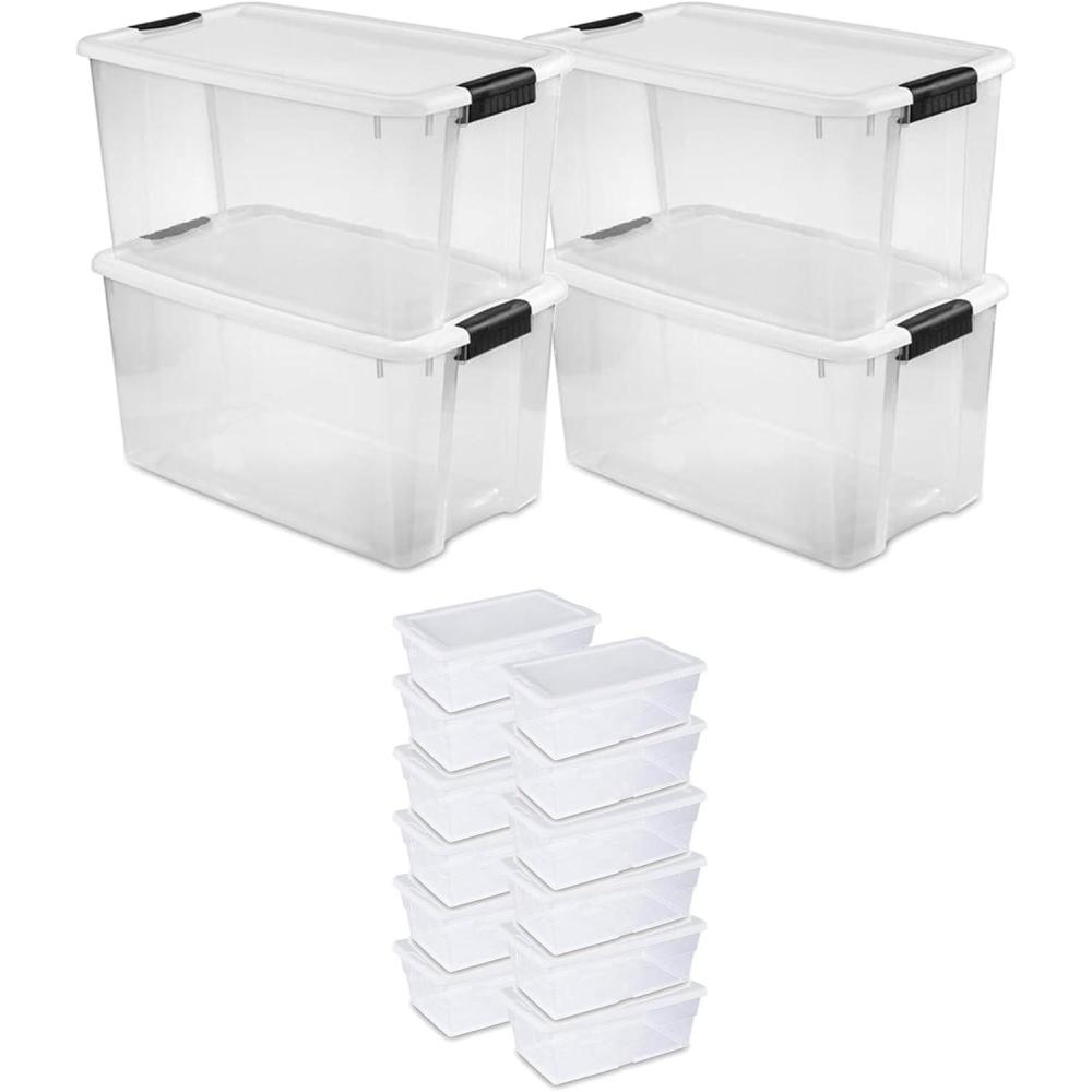 Sterilite 70 Quart Multipurpose Stackable Plastic Latching Lid Storage Tote, 4 Pack & 6 Quart Container Box Bin for Home Organization, Clear 12 Pack(70 quart 4 Pack + 6 Quart 12 Pack)