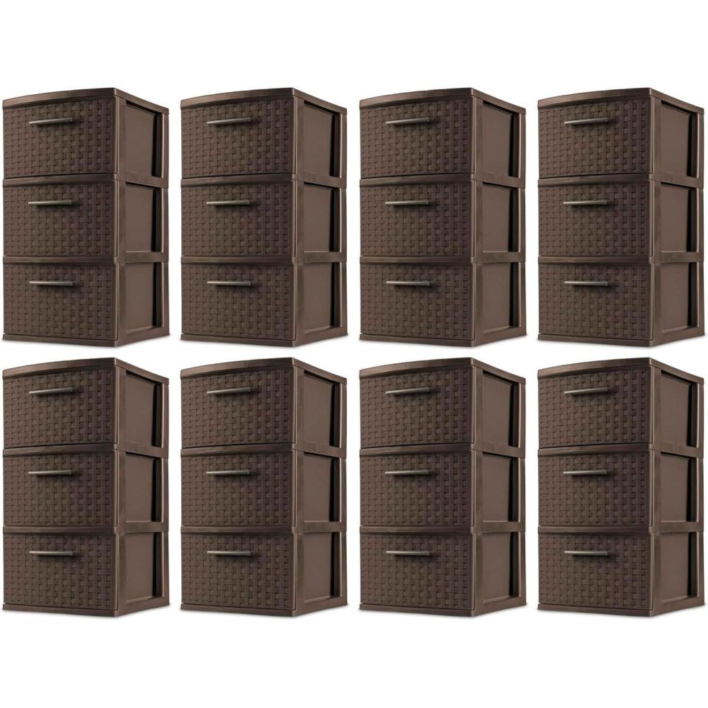 Sterilite 3 Drawer Storage Tower, Plastic Decorative Weave Organizer Drawers for Dorm, Closet, Bedroom, or Craft Room Organization, 8 Pack, Espresso