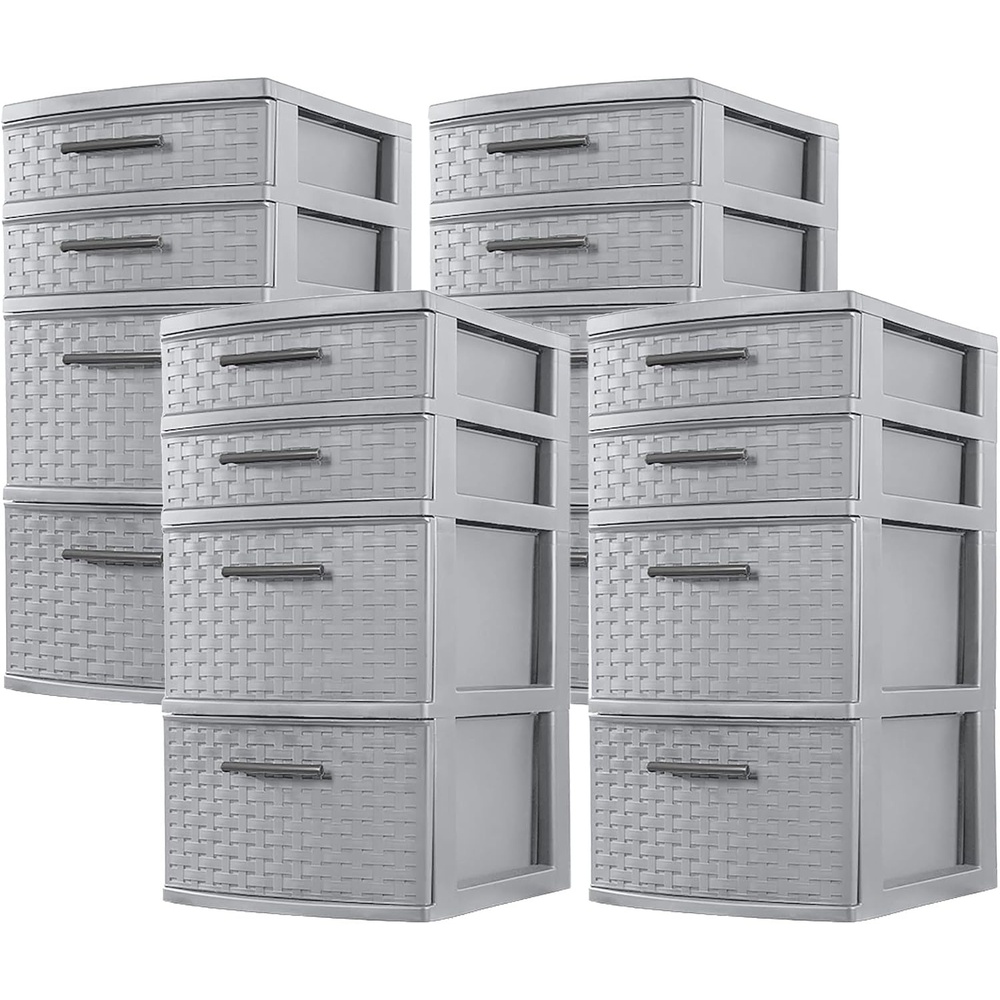 Sterilite 26226A02 Plastic 4 Drawer Organizer Storage Tower with Medium Weave Drawer Fronts and Easy-Pull Handles, Gray (4 Pack)