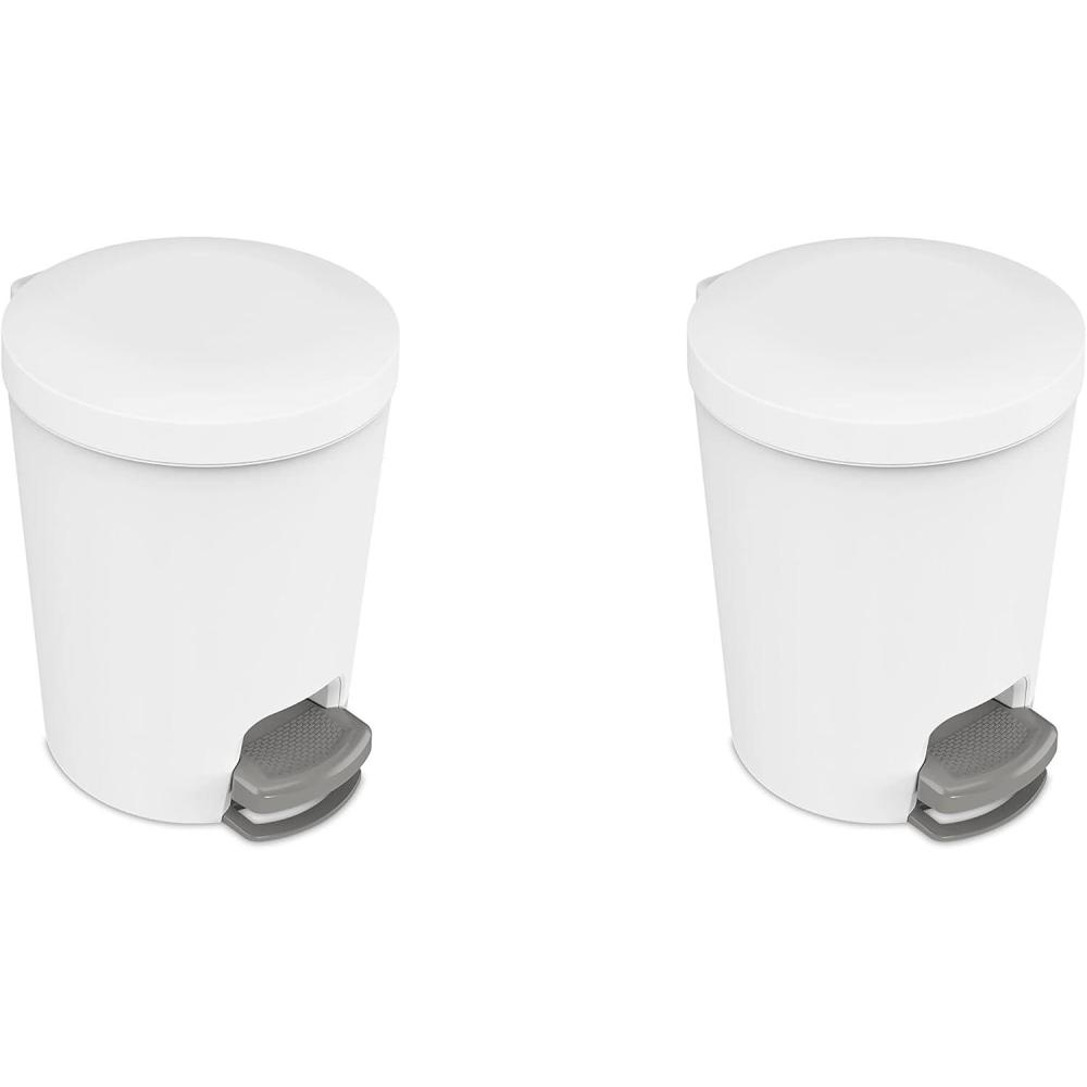 Sterilite 1.6 Gallon StepOn Wastebasket w/Lid, Small Plastic Trash Can for the Bathroom, Bedroom, or Dorm, Pedal and Liner, White, 2-Pack