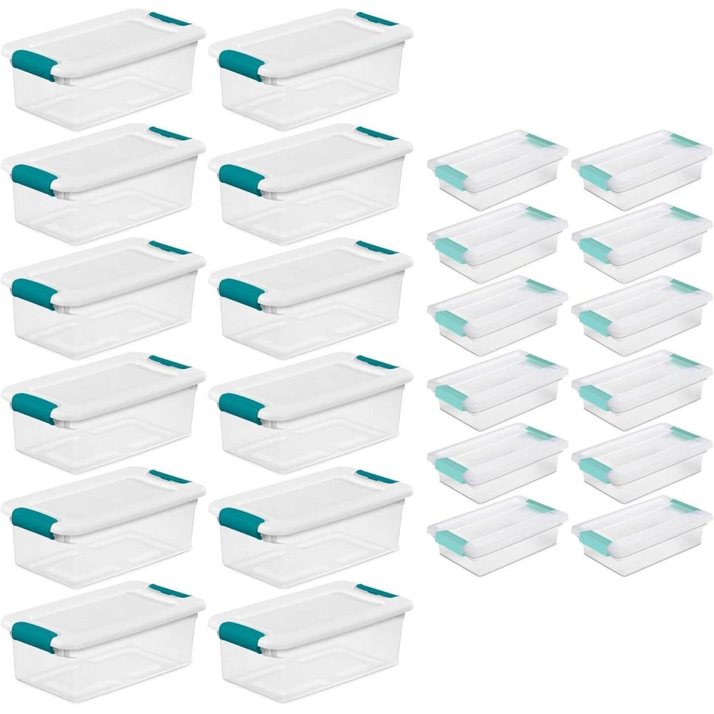 Sterilite 6 Quart Clear Latch Lid Stackable Storage Box Tote, 12 Pack, and Small Clear Latch Lid File Clip Box, 12 Pack for Household Organization