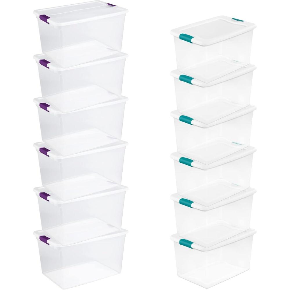 Sterilite Clear Plastic Storage Totes, 6 Pack 64 Quart and 6 Pack 66 Quart Bins with Lids