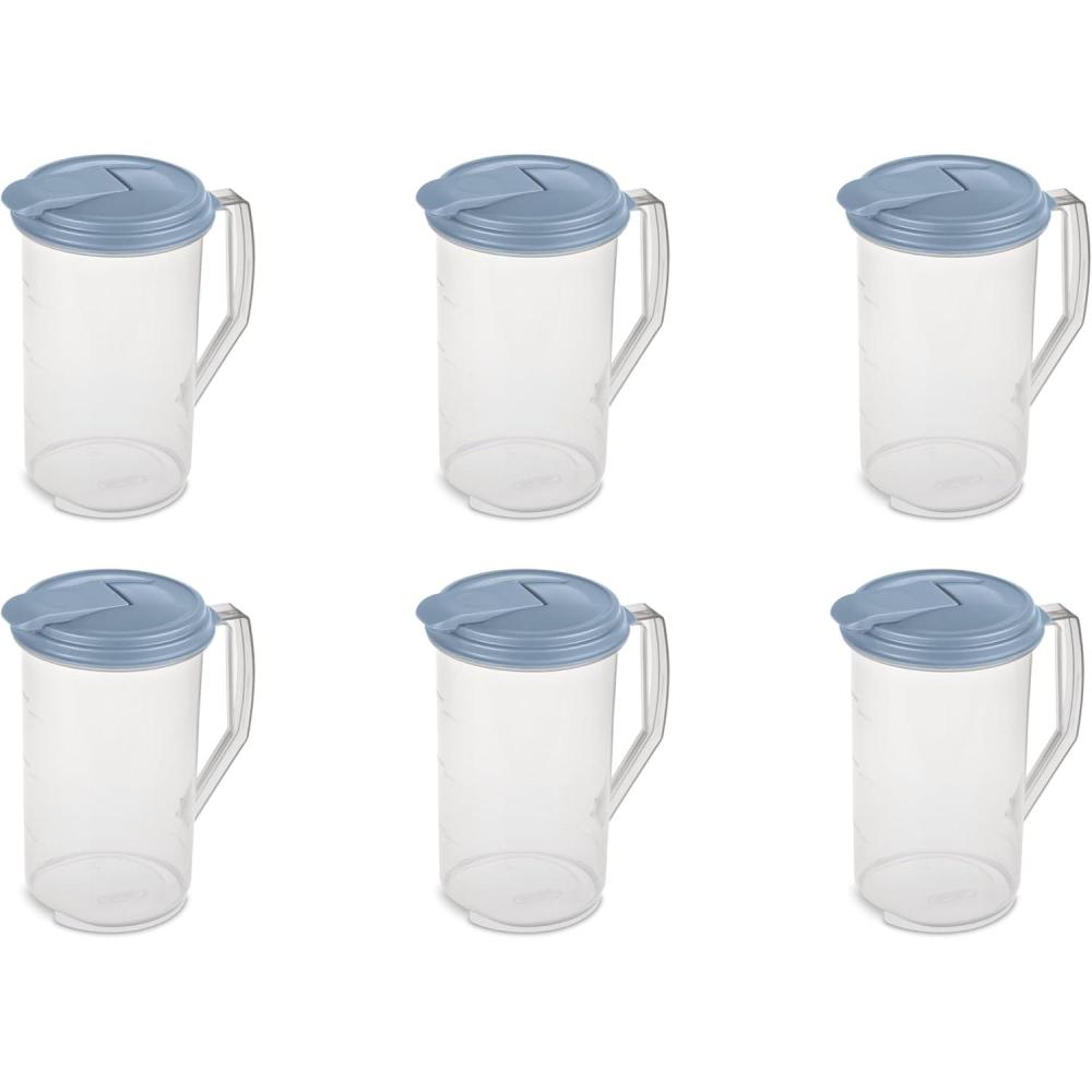 Sterilite 2 Qt Round Pitcher, Spout and Handle for Easy Pouring of Water or Juice, Plastic, Dishwasher Safe, Clear w/Blue Lid, 6-Pack