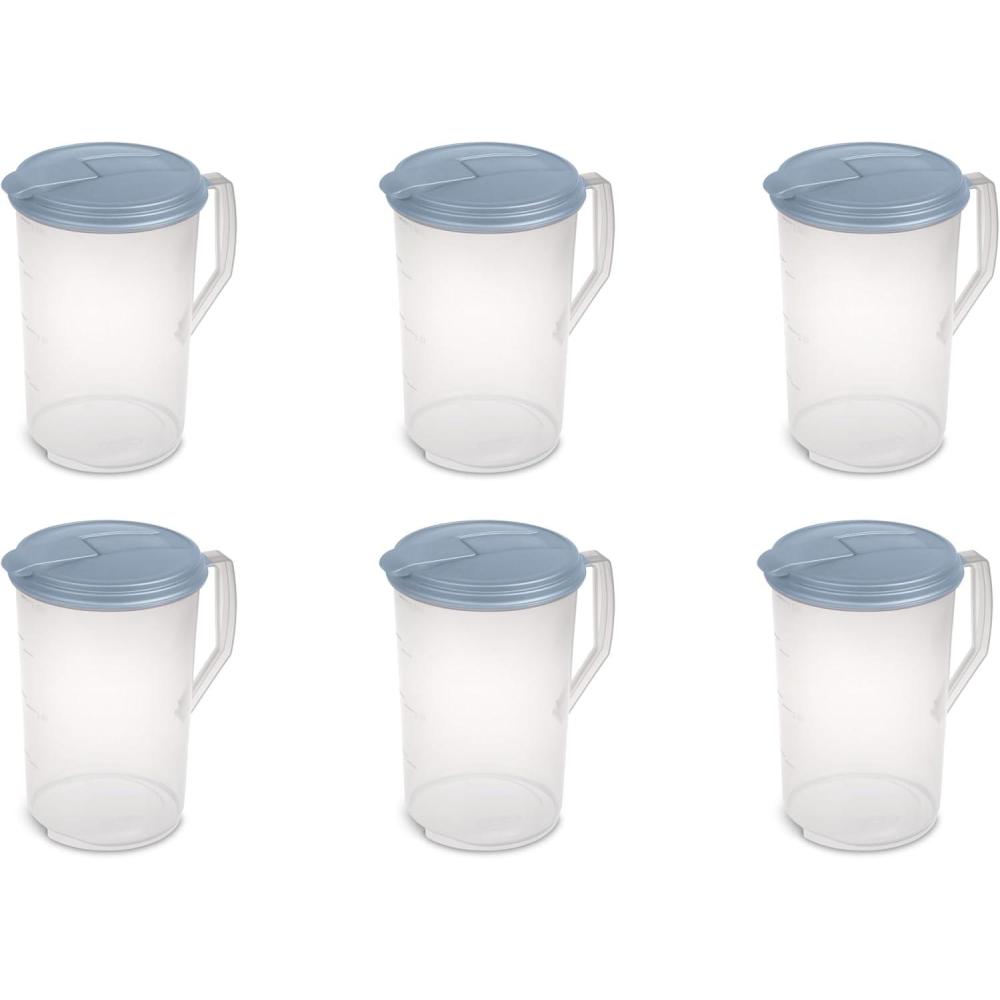 Sterilite 1 Gallon Round Pitcher, Spout and Handle for Easy Pouring of Water or Juice, Plastic, Dishwasher Safe, Plastic, Clear w/Blue Lid, 6-Pack