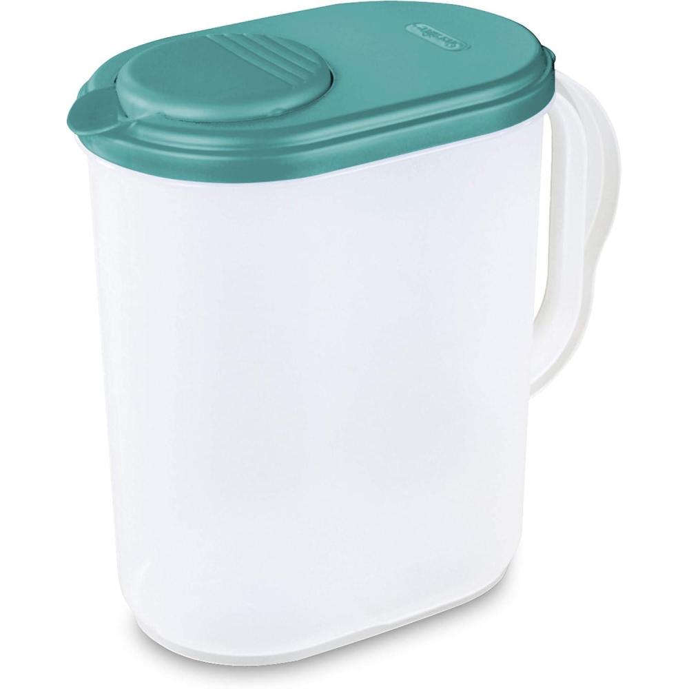 Sterilite 1 Gallon Pitcher, Spout and Handle for Easy Pouring of Water or Juice, Plastic, Dishwasher Safe, Plastic, Clear w/Teal Lid, 6-Pack