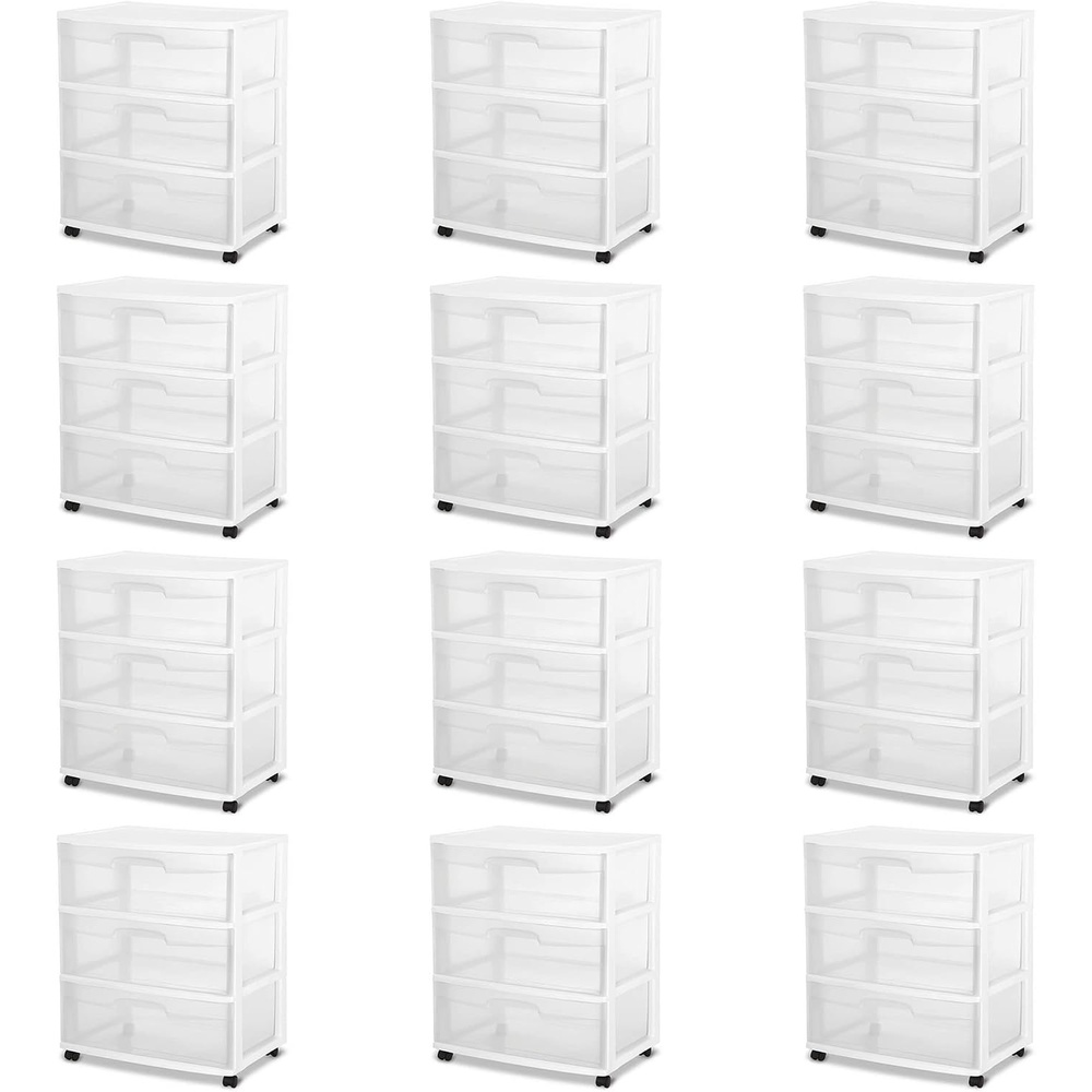 Sterilite At Home Plastic 3 Drawer Wide Storage Cart Container with Removeable Casters for Bathroom, Bedroom, and Dorm Organization (12 Pack)