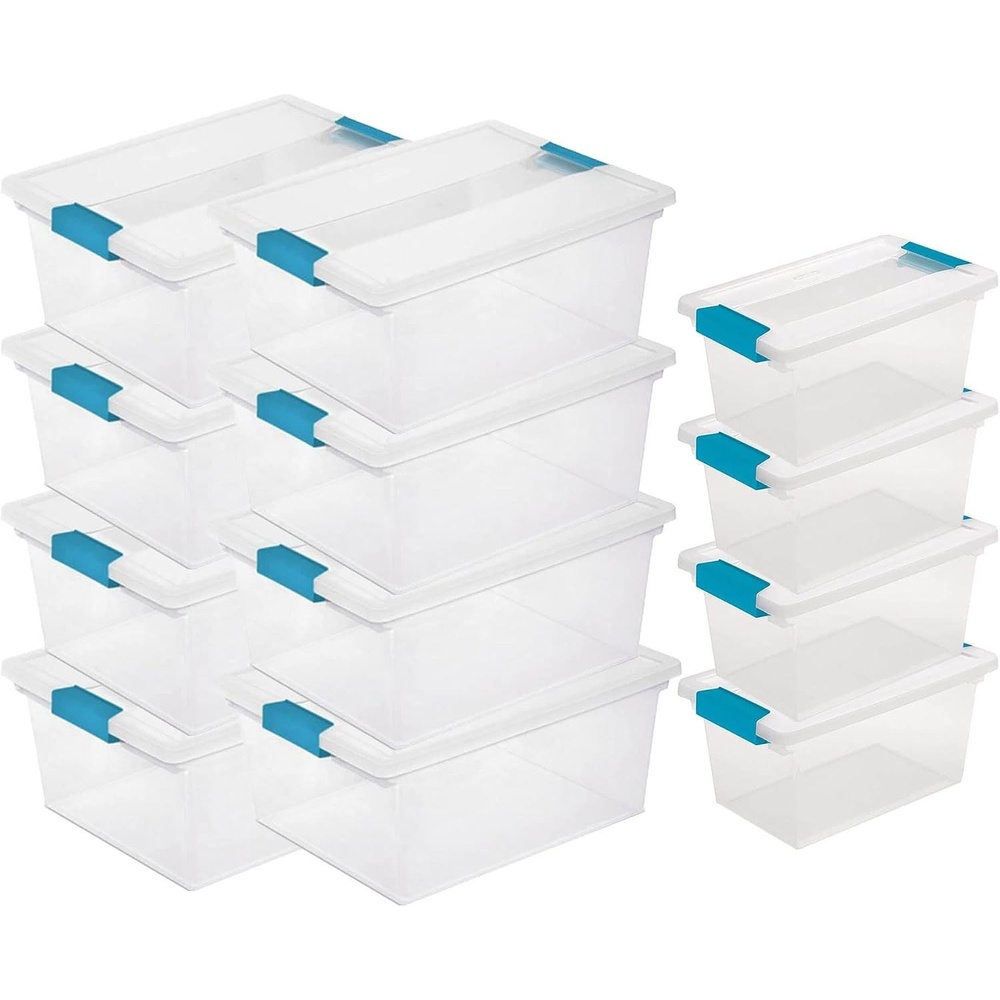 Sterilite Deep Clip Storage Box Container with Lid, Clear, 8 Pack and Medium Clip Box for Home, Craft Room, and Office Organization, 4 Pack