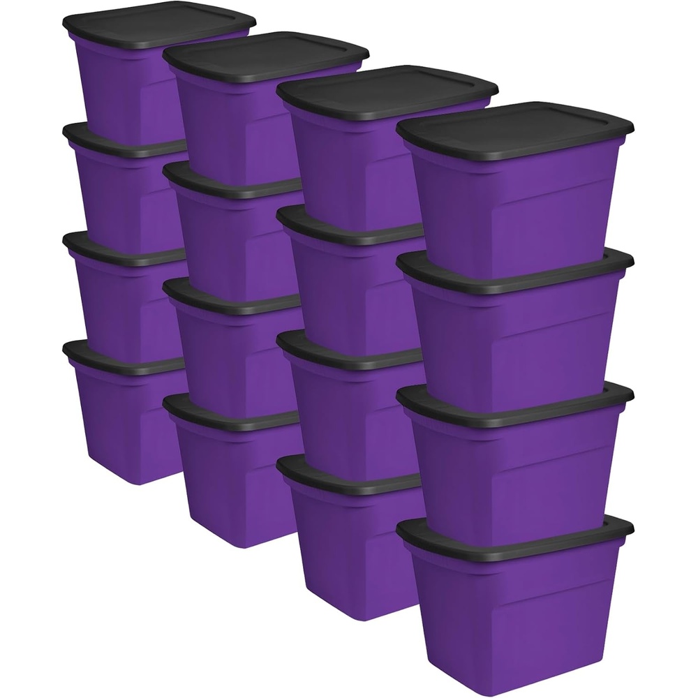 Sterilite 18 Gal Storage Tote, Stackable Bin with Lid, Plastic Container to Organize Halloween Decorations in Closet, Purple Base and Lid, 16-Pack