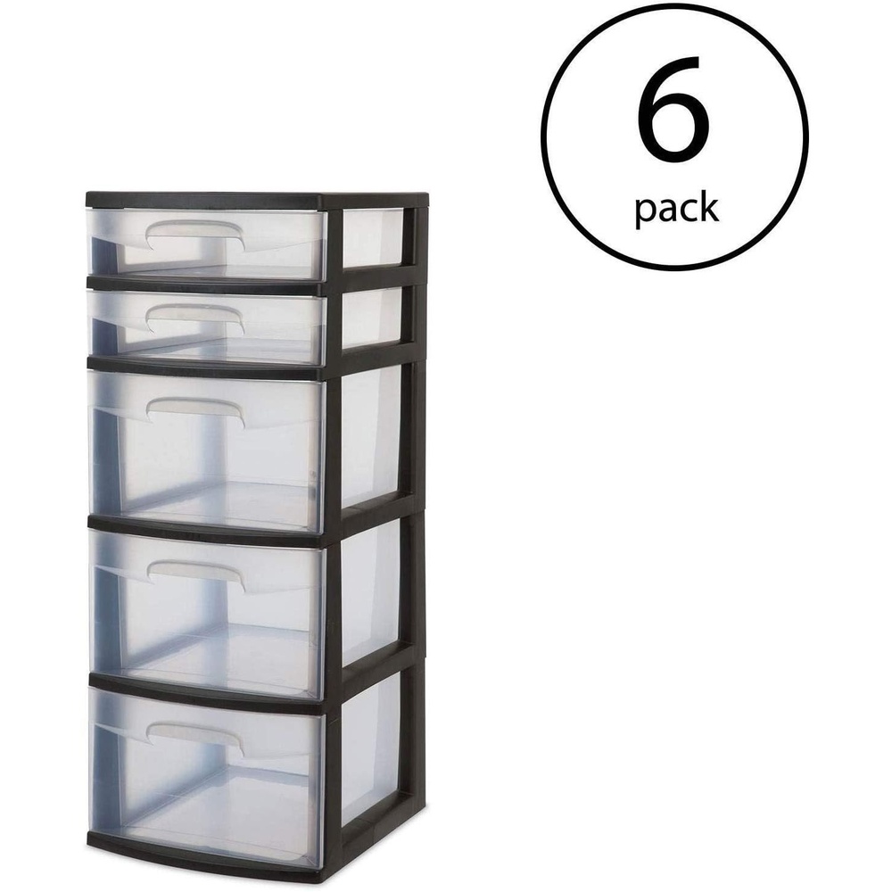 Sterilite 5 Drawer Tower Plastic Space Saving Home Storage Organizer (6 Pack)