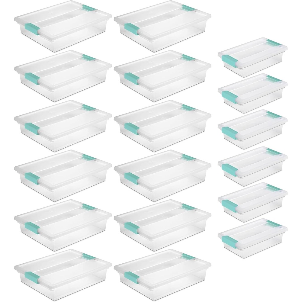 Sterilite Clip Box Clear Bins – Large, 12 Pack Bundled with Small, 6 Pack | Plastic Storage Containers with Latching Lids for Writing, Arts or Crafts Supplies – Home, Office, & Workshop Organization