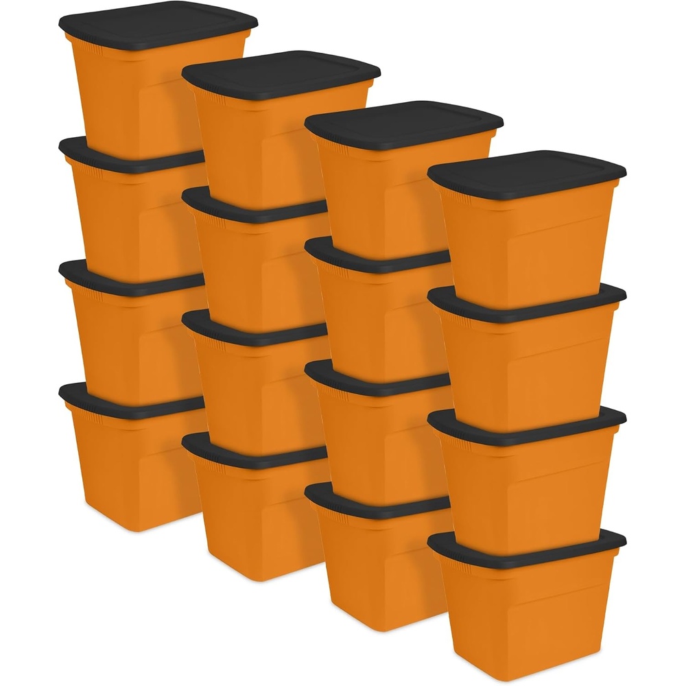 Sterilite 18 Gal Storage Tote, Stackable Bin with Lid, Plastic Container to Organize Halloween Decorations in Closet, Orange Base and Lid, 16-Pack
