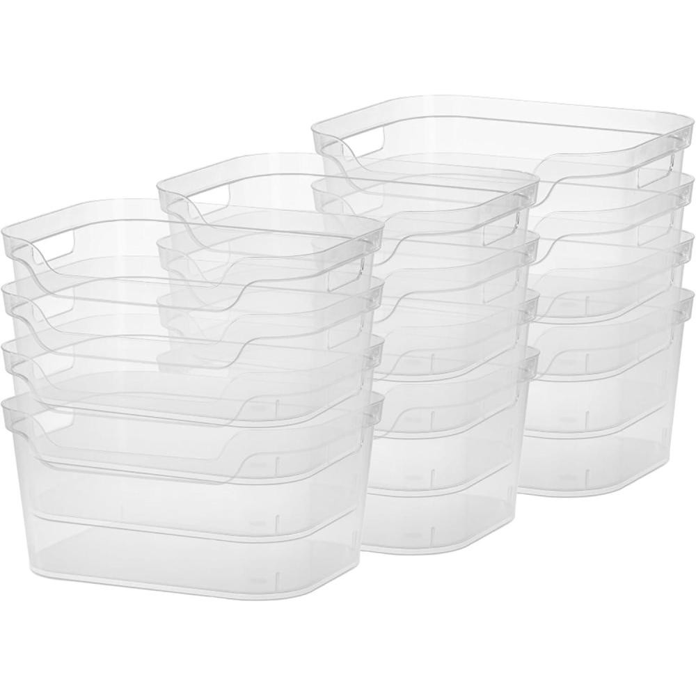 Sterilite 9.5 x 6.5 x 4 Inch Small Open Scoop Front Clear Storage Bin with Comfortable Carry Through Handles for Household Organization (16 Pack)(12 Pack)
