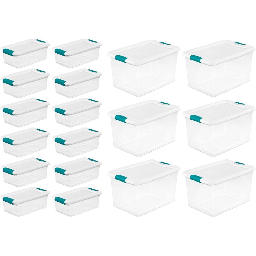 Sterilite Clear 6 Quart Easy Latching Storage Box with White Lid, 12 Pack, and Clear 64 Quart Easy Latching Storage Box with White Lid, 6 Pack